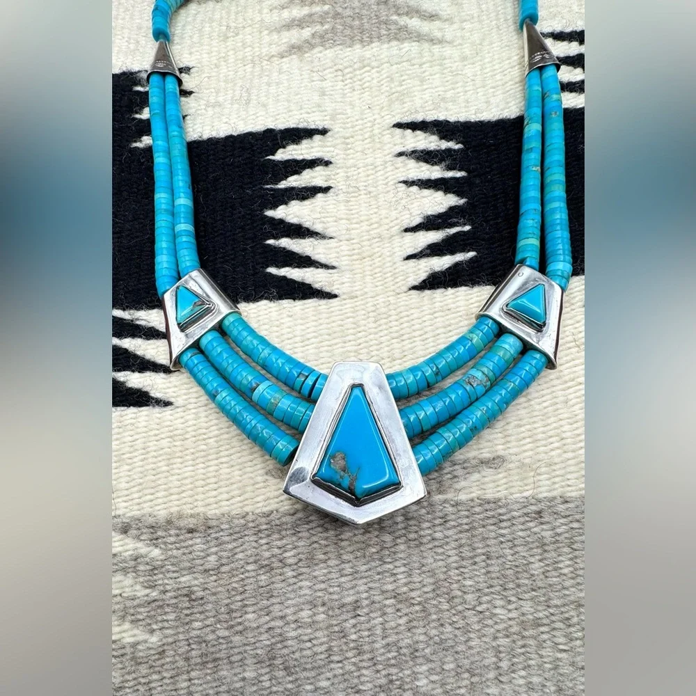 Santo Domingo Native American Sterling Silver Turquoise Cross Pendant Necklace - Picture 2 of 7